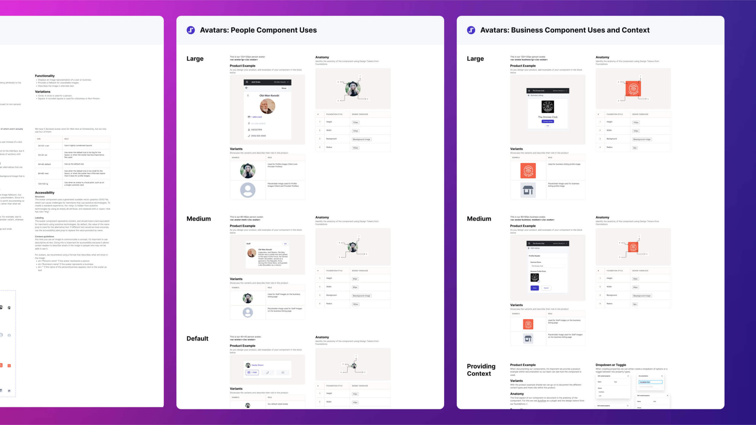 Avatar component examples with size variations and contextual rules