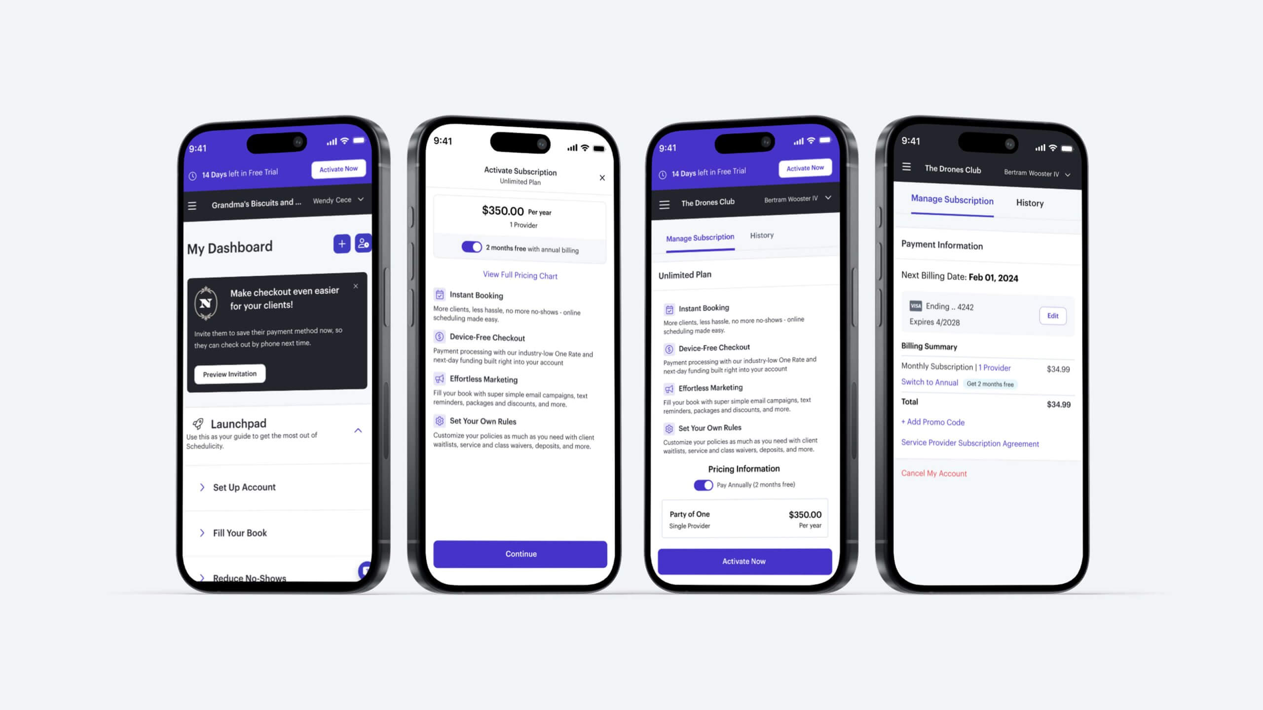 High-fidelity mockups showing three logged-in upgrade paths to an annual subscription. Left: During onboarding within the free trial experience. Right: Switching from monthly to an annual subscription.