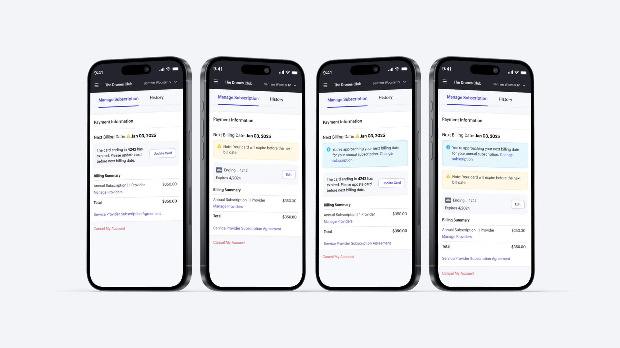 High-fidelity mockups displaying inline alerts for expired or soon-to-expire credit cards, and a reminder alert two weeks before annual subscription renewal.