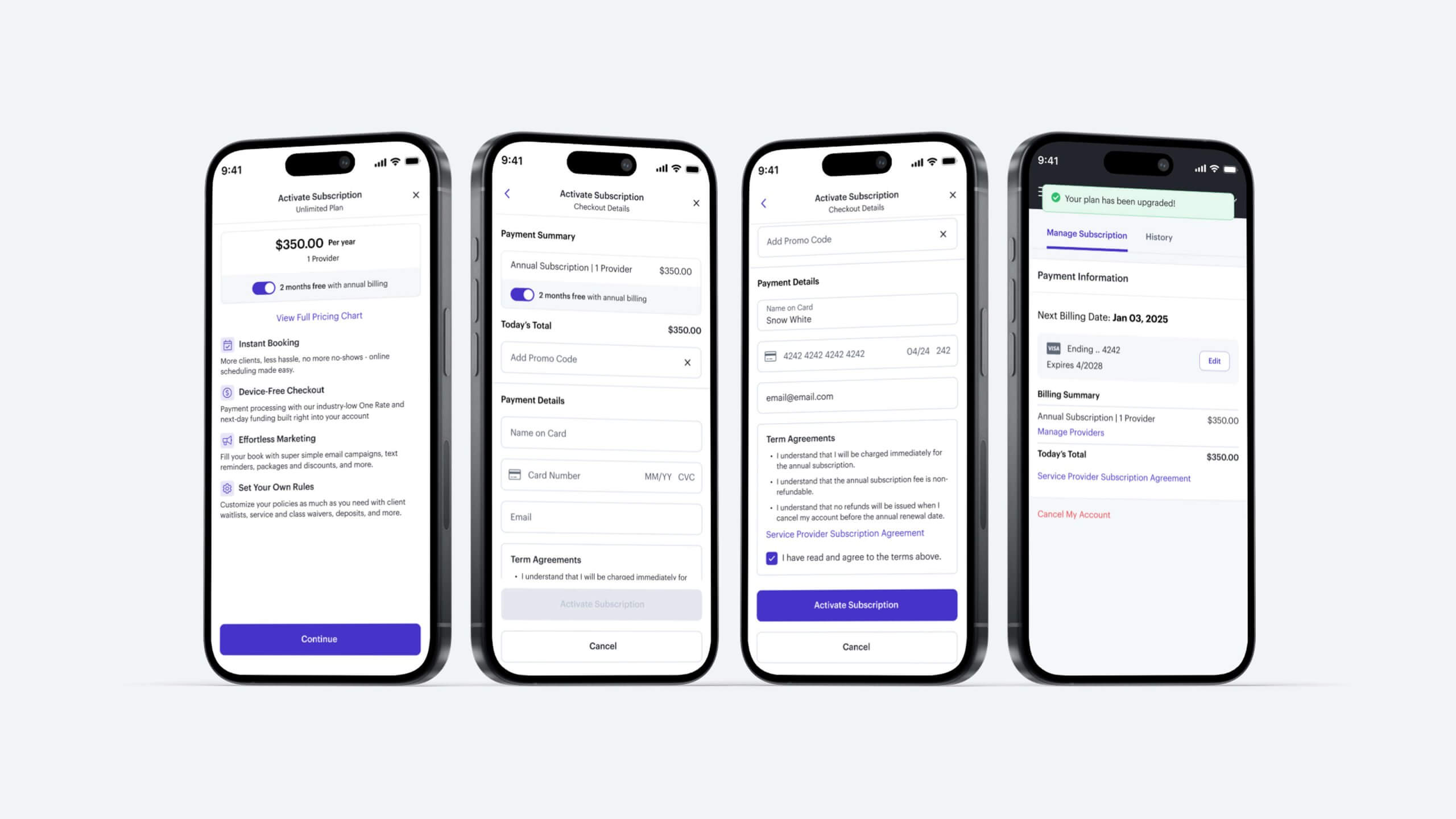High-fidelity mockups showing the complete annual subscription upgrade flow, including plan selection, pricing details, confirmation modals, and success state.