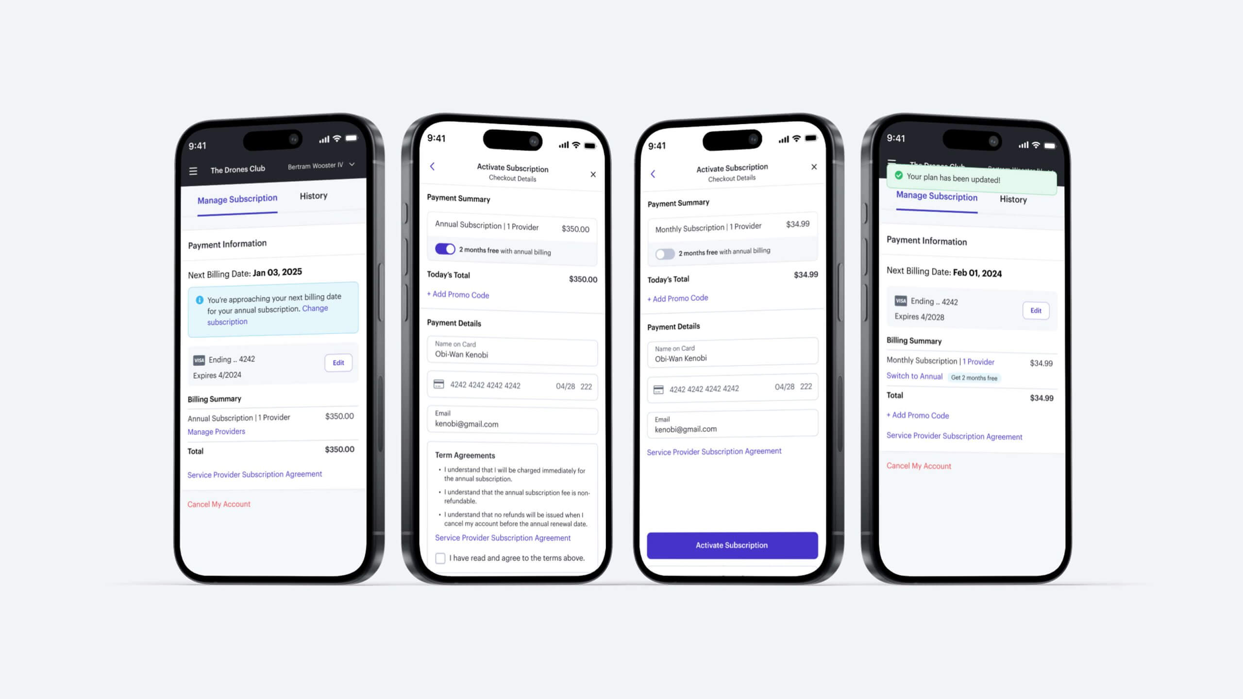 High-fidelity mockups showing the option to switch from an annual to a monthly subscription, available two weeks before the annual renewal date, with clear policy reminders.