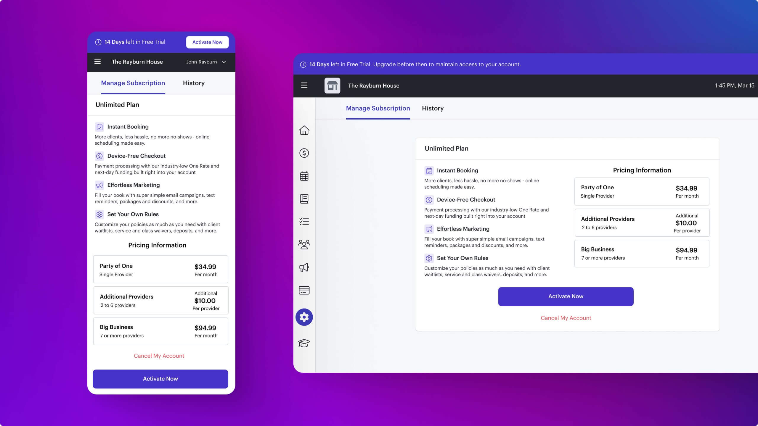Previous subscription management screen showing only a monthly plan with limited upgrade or commitment options.