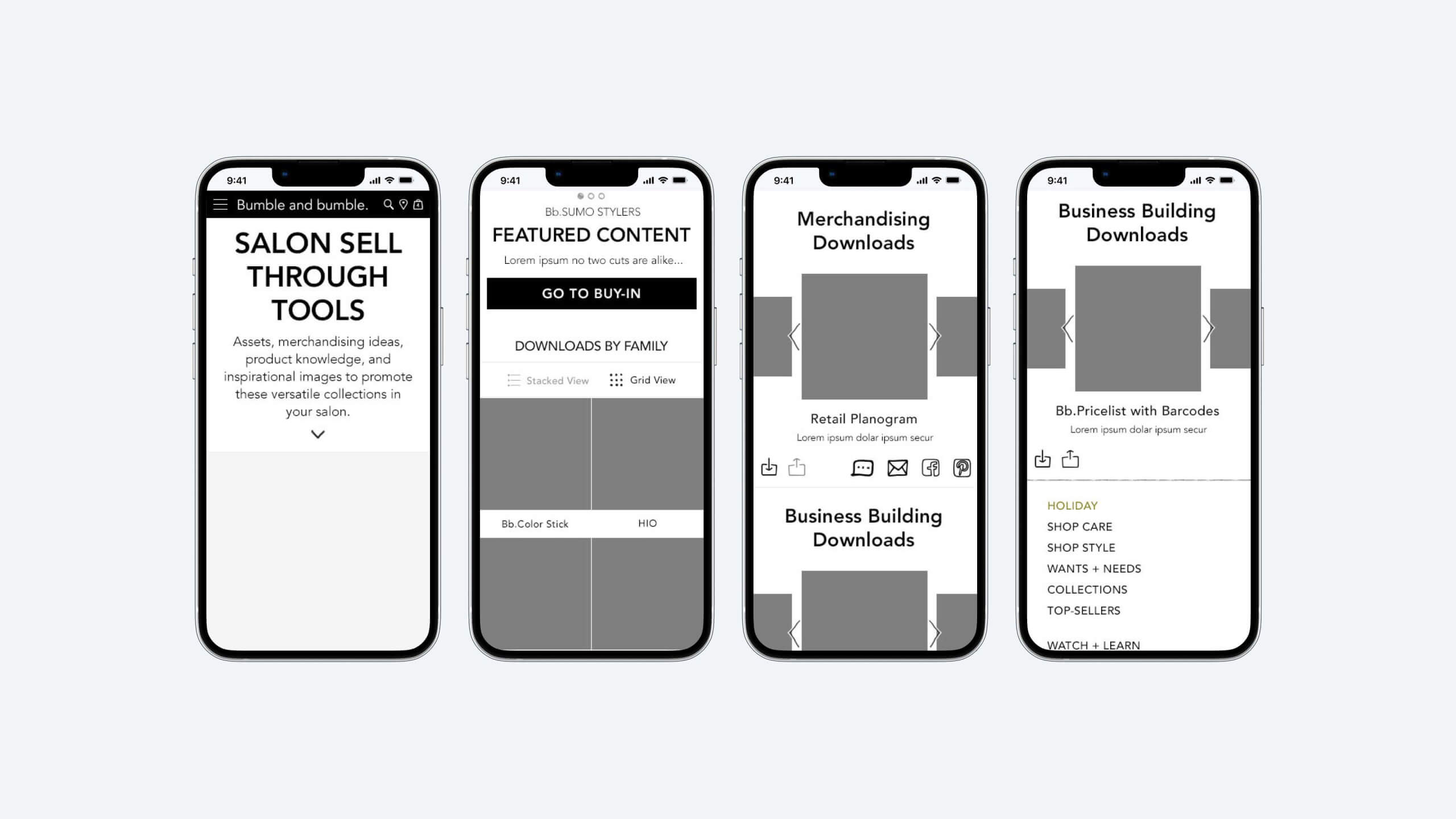 Wireframes for the redesigned wholesale tools section, reimagined for mobile to support stylists and salon owners placing orders on their phones.