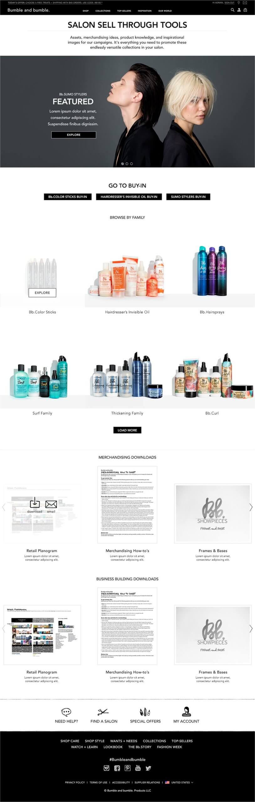 Screenshot of the redesigned wholesale site, featuring sell-through tools, merchandising downloads, product families, and buy-in flows.